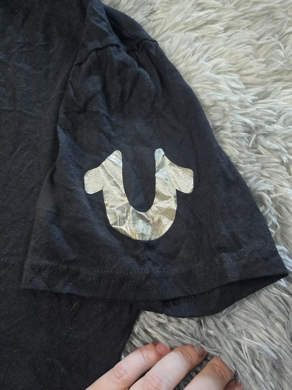 True Religion Men's Black V-Neck Tee with Silver Logo Accents Size Large